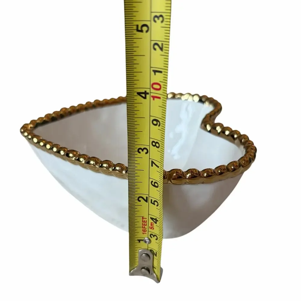 White Heart Shaped Serving Bowl 6in Ceramic w/ Gold Beaded Rim NEW